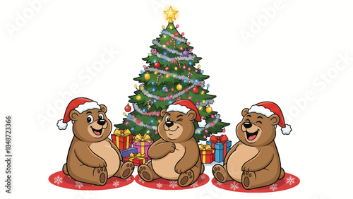friendly bears wearing a Santa hat sits calmly near a decorated Christmas tree, creating a warm and whimsical holiday scene full of charm and seasonal joy