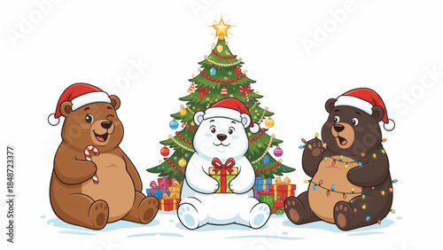 friendly bears wearing a Santa hat sits calmly near a decorated Christmas tree, creating a warm and whimsical holiday scene full of charm and seasonal joy