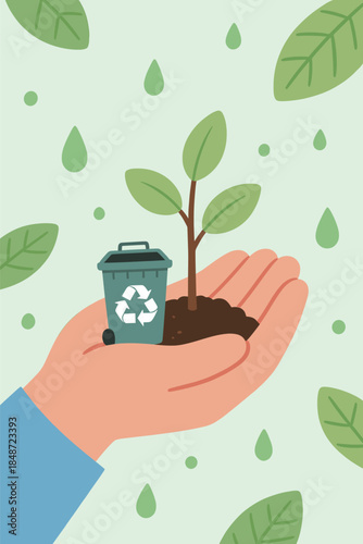 Human hand holding green sprout with recycle bin for environmental protection and sustainable ecology concept