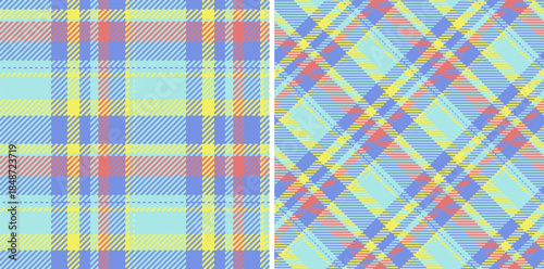 Tartan pattern texture of vector plaid seamless with a textile background fabric check. Set in rainbow colors for holiday fashion trends in festive look.