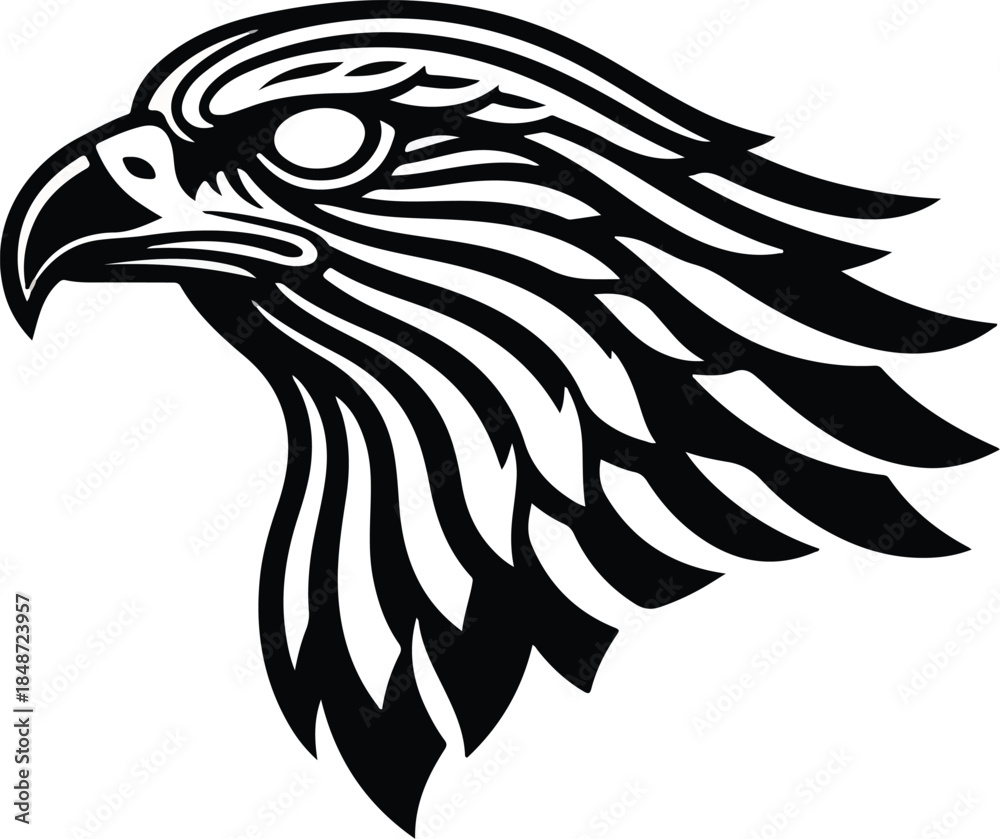 Obraz premium Detailed Black and White Hawk Head Profile Illustration.