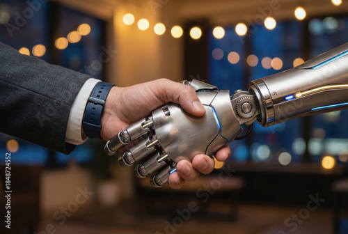 Confident AI and human collaboration new business trend. robot hand and human hand handshake shows partnership
