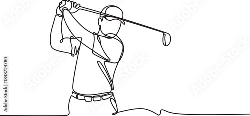 Continuous line drawing of golf player swinging a golf club isolated on transparent background