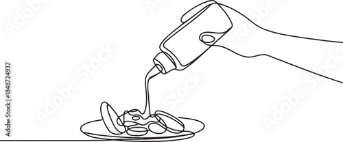 Hand pouring sauce onto food with one line drawing