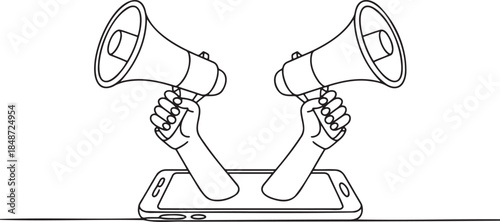 Hands holding megaphones from smartphone