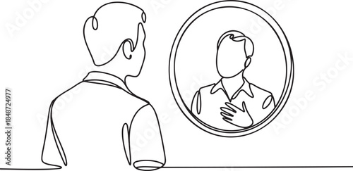 Man looking in mirror self reflection single line art