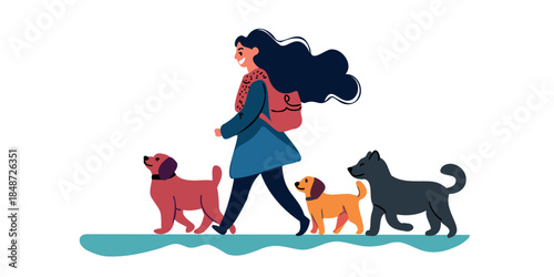 female pet owner strolling with dogs