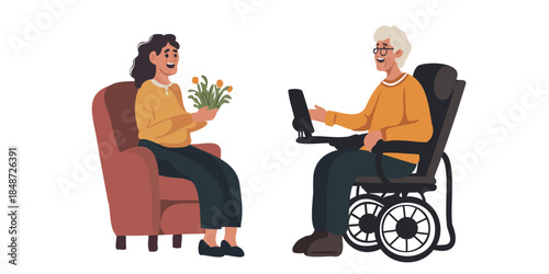 happy seniors talking while using mobility scooter