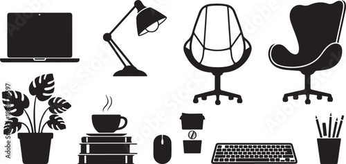 Modern office workspace essentials in black silhouette