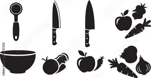 Kitchen utensils and fresh vegetables icons
