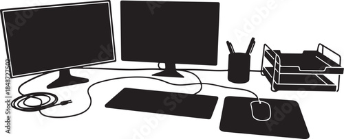 Modern workspace with dual monitors and office supplies