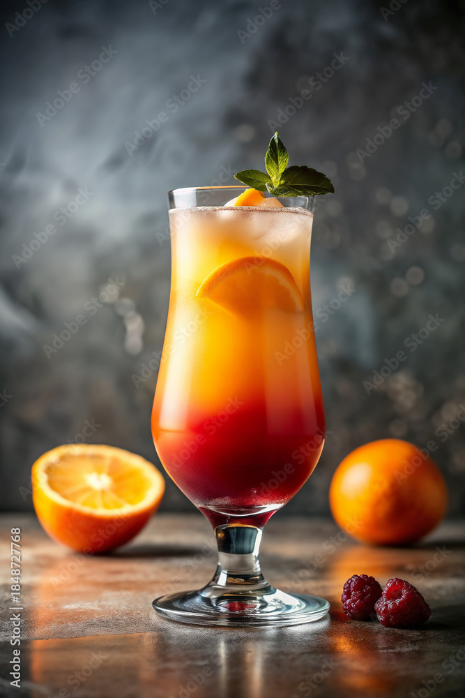 Fototapeta premium Vibrant tequila sunrise cocktail in modern glass, garnished with fresh orange and mint. Distinct layered tequila sunrise beverage with grenadine, orange juice, and ice, creating refreshing drink.