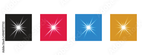 Shining white starburst icons on colorful squares, glowing light flares for interface buttons