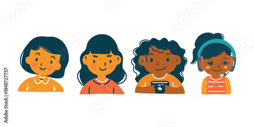 diverse girls portrait group vector illustration