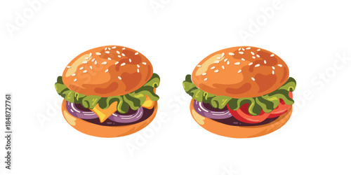 delicious double burger composition on white
