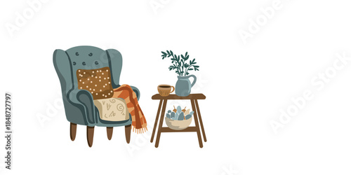 elegant vintage armchair with table and copy space