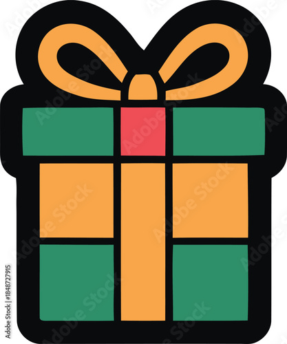A simple and colorful holiday gift box illustration featuring a green and orange patchwork design and a large orange bow.