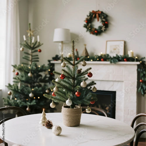 A festive green fir Christmas tree stands decorated with gold ornaments and glowing lights in a winter home interior, surrounded by gifts and holiday presents near a cozy fireplace