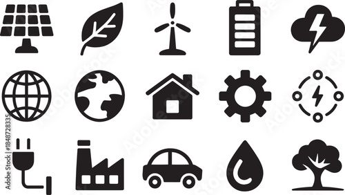 Eco Friendly Icons Set with Solar Panel, Wind Turbine, Battery and Lightning, Globe, House, Gear, Factory, Car, Tree