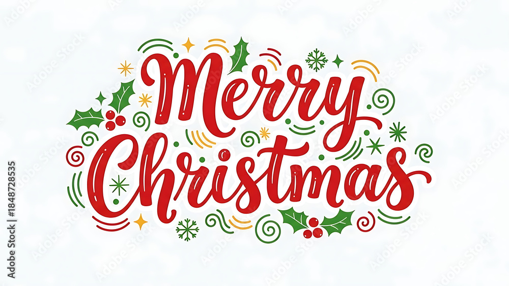 Fototapeta premium Festive hand-lettered Merry Christmas greeting design adorned with vibrant holly berries, green leaves, and decorative stars, perfect for holiday season cards and banners