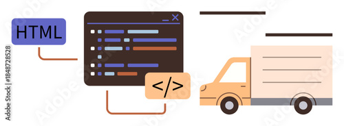 Coding screen with HTML, command prompt, connecting to a delivery van. Ideal for web design, programming, e-commerce, logistics, technology creativity innovation. Simple flat metaphor