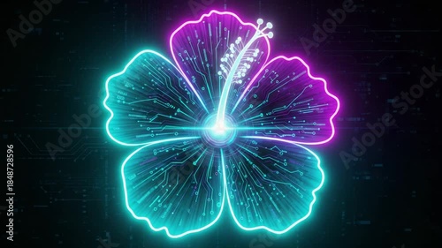 Neon Hibiscus Flowers with Digital Circuitry Design, Animated Background and Looping Effect, 4K
