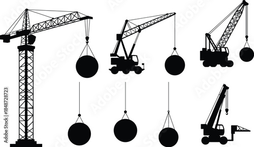 Silhouettes of Construction Cranes and Wrecking Balls in Various Configurations for Demolition, Machinery, Engineering, Industrial, and Heavy Equipment Themes