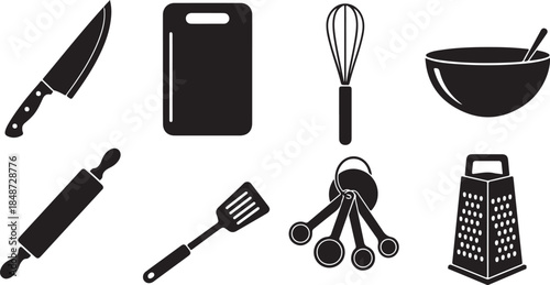 Essential black silhouette kitchen cooking tools set
