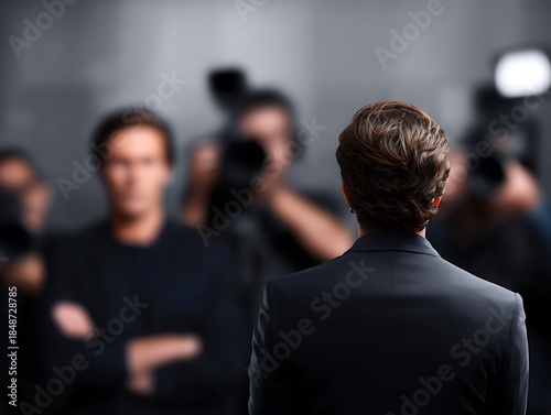 An interviewer and an interviewee are standing opposite each other , with a microphone during taking interview or speech, report in studio with blurred background