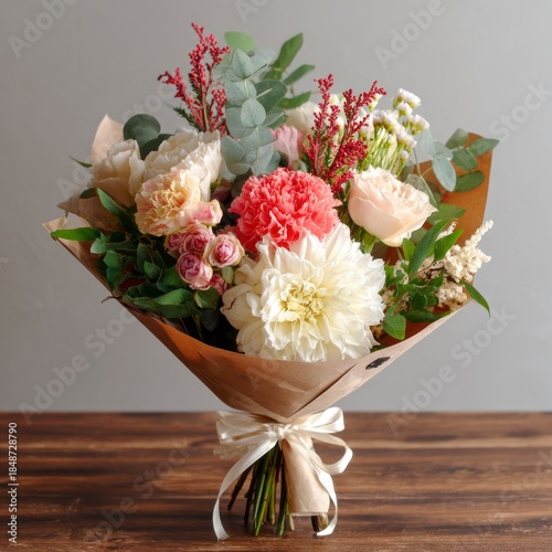 A stunning bouquet filled with soft pastel flowers and lush greenery creates a beautiful centerpiece. The arrangement combines diverse blooms, highlighting nature's artistry and elegance