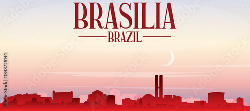 Red panoramic poster of the city skyline with misty background buildings, sunrise, moon and clouds of BRASILIA, BRAZIL