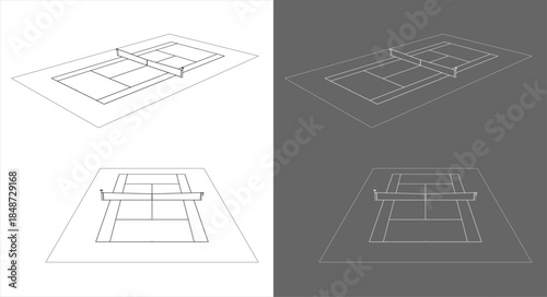 Isometric Tennis Court Technical Drawing with Net and Marking Lines