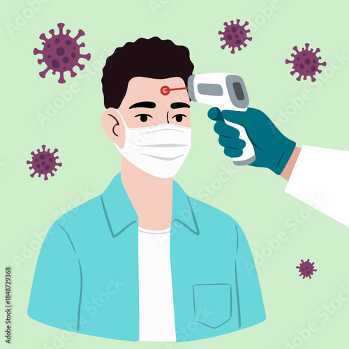 A young man in medical mask getting his temperature with an electronic non-contact thermometer checked by a doctor. Health screening for virus prevention.
