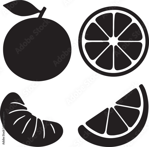 Orange tangerine or clementine and cut in half, segments and slices silhouette vector illustration