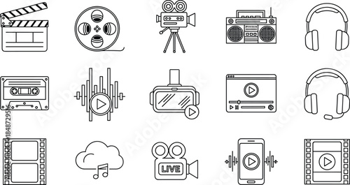 Multimedia entertainment line icon set, video production equipment, music audio symbols, cinema movie clapper, film reel, camera, headphones, virtual reality, vector
