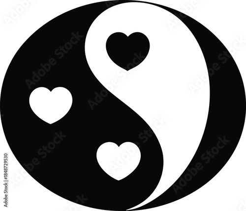 Yin Yang heart symbol black white balance harmony duality philosophy icon silhouette vector illustrations