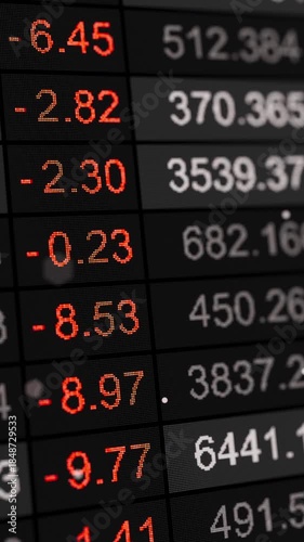 Looping 3D render of financial exchange quotes with scrolling numbers and losses highlighted in orange red on digital display for business, investment, and fintech content.
