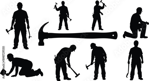 Construction worker silhouette set, manual labor poses, tool gestures, hammer icon center, black vector, isolated, stock illustration