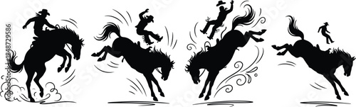 Cowboy bucking horse silhouette sequence, rodeo action, fall progression, black vector, isolated, stock illustration, western drama
