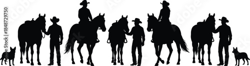 Cowboy silhouette set, horses and dogs, western ranch scene, black vector, isolated, stock illustration, rural lifestyle icons