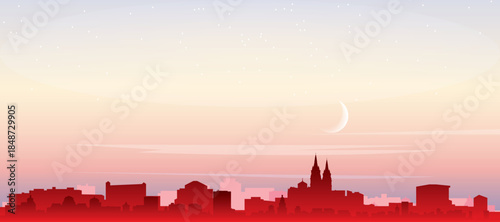Red panoramic poster of the city skyline with misty background buildings, sunrise, moon and clouds of FORTALEZA, BRAZIL