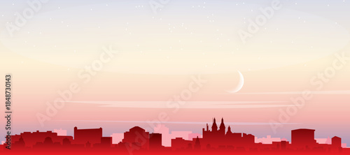 Red panoramic poster of the city skyline with misty background buildings, sunrise, moon and clouds of BARRANQUILLA, COLOMBIA