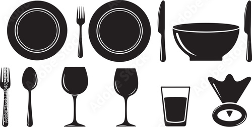 Black silhouette set of dining tableware and glasses