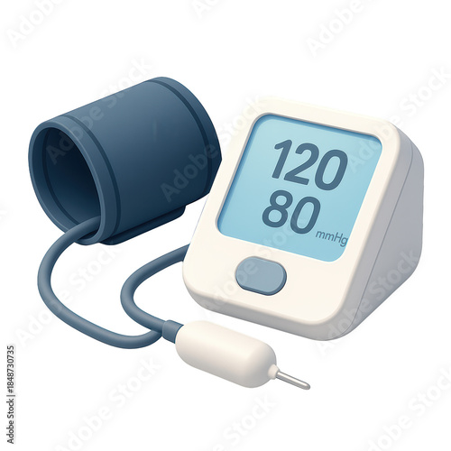 Digital blood pressure monitor with cuff showing normal reading.