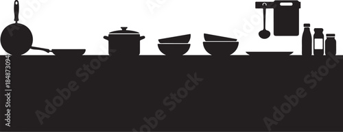 Kitchen counter silhouette with cooking utensils and jars