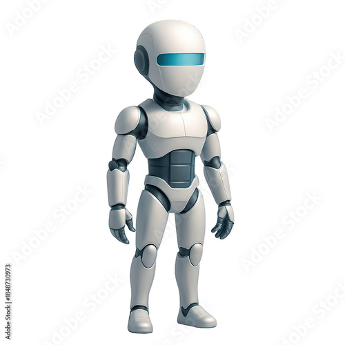Portrait of a white three-dimensional humanoid robot with blue visor.