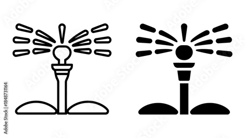 Garden sprinkler icon set with outline and silhouette designs for irrigation and lawn care.