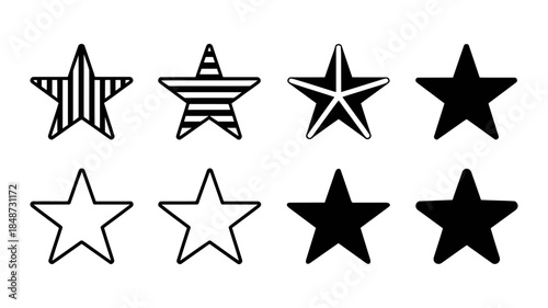 A collection of black and white star icons showcasing different styles and fill patterns