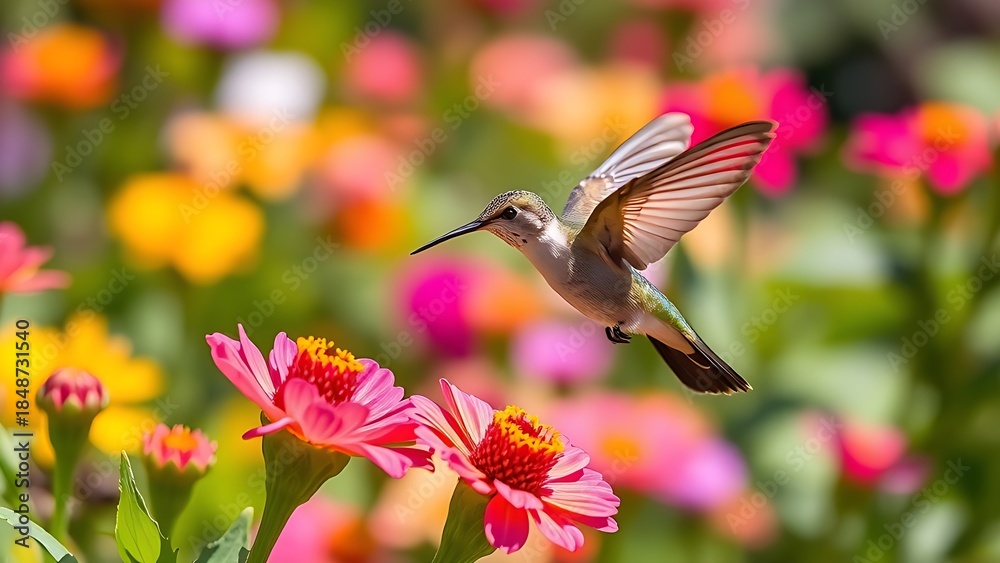 Fototapeta premium selectively. Hummingbird hovering at garden flowers with motion blur wings and floral background. wildlife magazines, conservation campaigns, designed for nature documentaries and education.