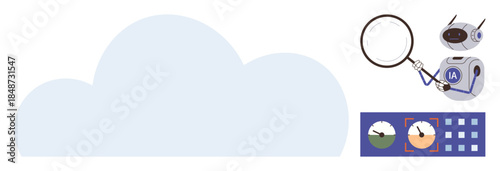 AI robot inspecting data with magnifier near cloud, dashboard displaying performance metrics. Ideal for technology, AI, machine learning, data analysis, cloud computing, performance tracking, digital